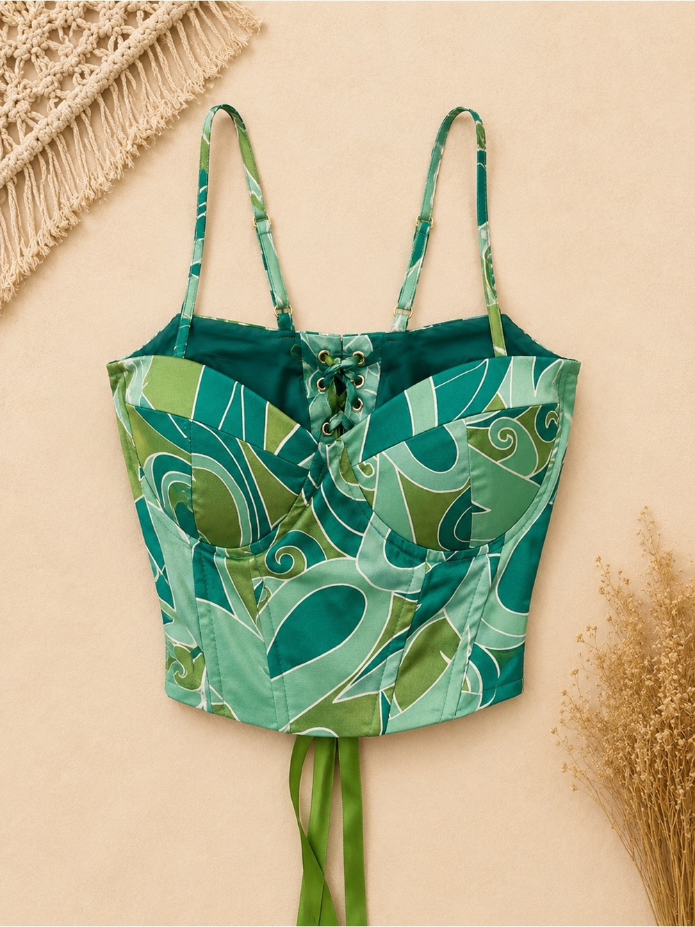 Green Printed Lace-Up Bustier Crop Top